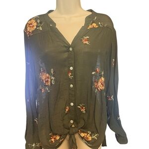 Floral Embroidered Button-Up Blouse - Green